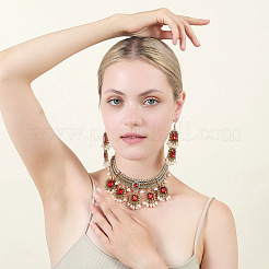 Rectangle Alloy Glass Choker Necklace & Earrings Sets for Women&nbsp;FS-WG507E8-07