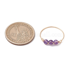 Copper Wire Wrapped Round Natural Amethyst & Rose Quartz & Green Aventurine & Carnelian Bead Rings for Women&nbsp;RJEW-JR00852-02