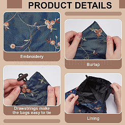 4Pcs 4 Colors Embroidery Flower Burlap Packing Pouches Drawstring Bags&nbsp;ABAG-FG0001-09