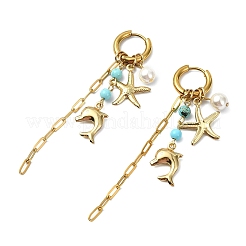 Dolphin & Starfish 304 Stainless Steel & Shell Pearl Hoop Earrings for Women&nbsp;EJEW-JE07128