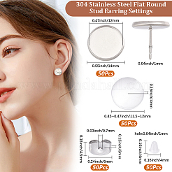 50Pcs 304 Stainless Steel Flat Round Stud Earring Settings&nbsp;STAS-BBC0010-39A