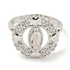 Flat Round with Saint & Heart Rack Plating Brass Micro Pave Cubic Zirconia Adjustable Rings&nbsp;RJEW-I105-04P-10