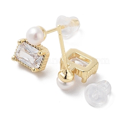 Natural Pearl & Glass Rectangle Stud Earrings&nbsp;EJEW-P256-81G