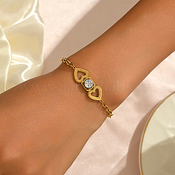 Stainless Steel Heart Link Bracelets with Clear Cubic Zirconia for Women Daily Wear Gift&nbsp;ME3579