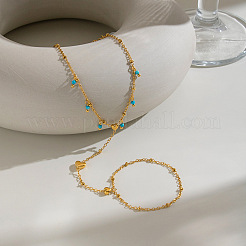 Synthetic Turquoise Round Tassel 304 Stainless Steel Heart Hand Chain Ring Bracelets for Women&nbsp;NM6951