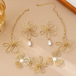 Alloy & Plastic Imitation Pearl Flower Link Chain Necklaces & Stud Dangle Earrings Sets&nbsp;FS-WG745E2-01