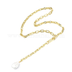 Adjustable Natural Baroque Keshi Pearl Teardrop Pendant Brass Lariat Necklaces&nbsp;NJEW-JN06205