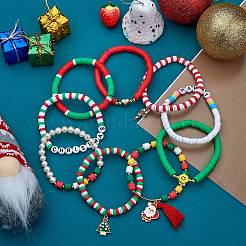 9Pcs 9 Style Word Happy Christmas Handmade Polymer Clay Heishi Surfer Stretch Bracelets Set with Acrylic&nbsp;BJEW-SW00070