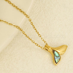 Luxury 304 Stainless Steel Pave Natural Paua Shell Whale Tail Pendant Necklaces&nbsp;EK0533-3