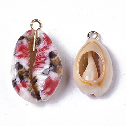 Printed Natural Cowrie Shell Pendants&nbsp;SSHEL-R047-02-B04