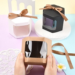 10Pcs Hexagon Kraft Paper Cake Boxes with Visual Window and Ribbon&nbsp;CON-YW0001-88A