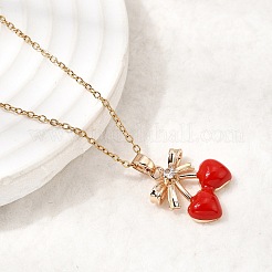 Brass Pave Clear Cubic Zirconia Enamel Bowknot Red Cherry Pendant 304 Stainless Steel Cable Chain Necklaces for Women&nbsp;NJEW-H092-03G