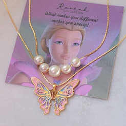 Alloy Enamel & Round Imitation Pearl Double Layered Butterfly Pendant Necklaces for Women&nbsp;WG304A4-01