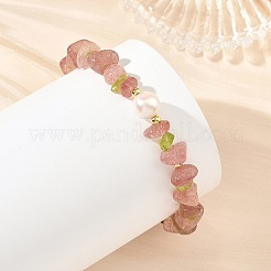 2Pcs 2 Styles Chip Natural Strawberry Quartz & Peridot & Shell Pearl & Brass Beaded Stretch Bracelet Sets for Women&nbsp;BJEW-JB14340