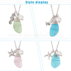 4Pcs 4 Style Twist Teardrop Glass & Alloy Ocean Theme Pendant Necklaces Set&nbsp;NJEW-AN0001-57