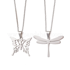 2Pcs 2 Styles 201 Stainless Steel Butterfly & Dragonfly Pendant 304 Stainless Steel Pea Chain Necklaces for Women&nbsp;NJEW-JN05998