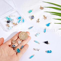 30Pcs 15 Styles Glass & Natural Snowflake Obsidian & Natural Magnesite & Synthetical Howlite & Natural White Jade & Alloy Pendants&nbsp;PALLOY-FH00198