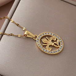 Vintage 304 Stainless Steel Crystal Rhinestone Oval with Fleur De Lis Pendant Necklaces for Women&nbsp;SP1744