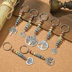 7Pcs Chakra Natural Lava Rock & Alloy Tree of Life Pendant Keychain Kit&nbsp;KEYC-JKC00644