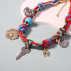 Bohemian Style Alloy Resin Key Flower Coin Pendant Braided Polyester Cord Necklaces for Women&nbsp;FS-WG3E501-01