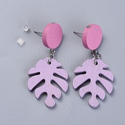 Monstera Leaf Painted Poplar Wood Dangle Stud Earrings&nbsp;EJEW-JE03224-06