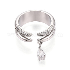 Brass Micro Pave Clear Cubic Zirconia with Teardrop Pendant Cuff Open Rings&nbsp;KK-T080-02P