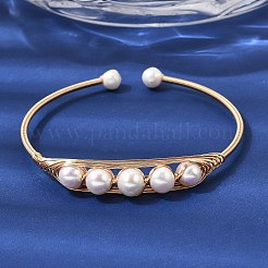 Brass Wire Wrapped Natural Pearl Open Cuff Bangles for Women&nbsp;BJEW-D453-03G