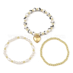 3Pcs 3 Styles Printed Porcelain Beads & Synthetic Hematite Beads & ABS Plastic Pearl & 316 Surgical Stainless Steel Heart Stretch Bracelets Sets for Women&nbsp;BJEW-JB14204-01