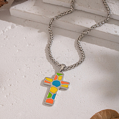 Vintage 304 Stainless Steel Enamel Colorful Cross Pendant Wheat Chain Necklaces&nbsp;XX7294