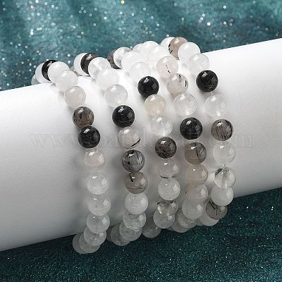 Natural Tourmalinated Quartz/Black Rutilated Quartz Stretch Beaded Bracelets&nbsp;G-A185-01J-1