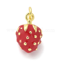 Brass Enamel Pendants, with Jump Ring, Lead Free & Cadmium Free, Real 18K Gold Plated, Fruits Charm, Strawberry, 15x10x8mm, Hole: 3mm