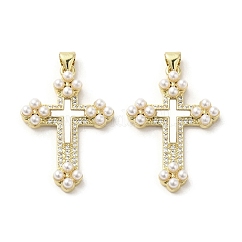 Brass Pave Shell Pendants, Religion Cross Charms with ABS Imitation Pearl, Real 18K Gold Plated, Cross, 34x22.5x4.5mm, Hole: 3.5x4mm