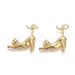 Brass Pendants, Cadmium Free & Lead Free, Long-Lasting Plated, with Jump Rings, Cat, Golden, 21.5x22x5.5mm, Hole: 4mm