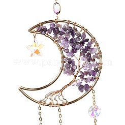 Natural Amethyst Chips Beaded Moon Hanging Sun Catchers&nbsp;HJEW-M004-13