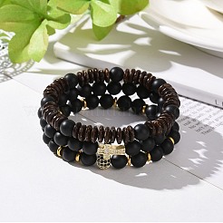 3Pcs Natural Dyed & Heated Black Agate and Coconut Beads Stretch Bracelets Set&nbsp;BJEW-JB08933