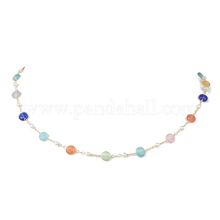 Colorful Flat Round Cat Eye & Plastic Imitation Pearl Brass Handmade Link Chain Necklaces for Women&nbsp;NJEW-JN05743