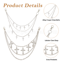 2Pcs 2 Styles Cross Charm Alloy 3 Layer Chain Belts for Pants&nbsp;AJEW-HS0001-18