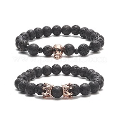 2Pcs 2 Style Natural Lava Rock & Brass Beaded Stretch Bracelets Set&nbsp;BJEW-JB09244-02