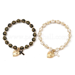 2Pcs 2 Colors Acrylic Beads & Alloy Enamel Cross & CCB Plastic Heart Stretch Charm Bracelet Sets for Women&nbsp;BJEW-JB14200