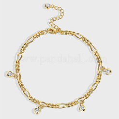 Brass Figaro Chain Clear Cubic Zirconia Flat Round Tassel Anklets for Women&nbsp;FS-WG29303-01