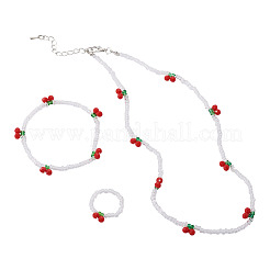 Cherry Glass Seed Beaded Necklaces & Bracelet & Finger Ring Sets for Women&nbsp;SJEW-TA0001-07