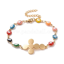 PVD Vacuum Plating 304 Stainless Steel Link Bracelet with Colorful Enamel Evil Eye Chains for Women&nbsp;BJEW-B062-07G