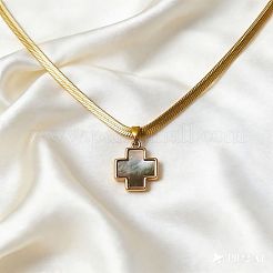 Natural Black Lip Shell Brass Religion Cross Pendant 304 Stainless Steel Flat Snake Chain Necklaces for Unisex&nbsp;WGD3FF7-02