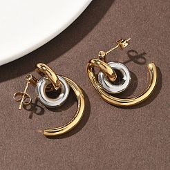 Two Tone C-Shaped with Ring 304 Stainless Steel Stud Earrings&nbsp;EJEW-B156-12GP