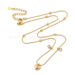 Ion Plating(IP) 304 Stainless Steel Crystal Rhinestone Flat Round & Heart Pendant Ball Chain Necklaces for Women&nbsp;NJEW-F328-05G