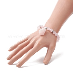 Round Natural Rose Quartz Beaded Stretch Bracelet with Nuggets Charms for Women&nbsp;BJEW-JB09316-02