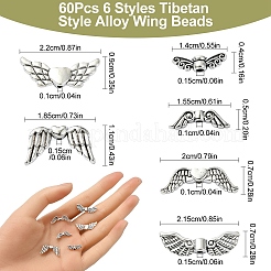 60Pcs 6 Styles Tibetan Style Alloy Wing Beads&nbsp;TIBEB-YW0001-25