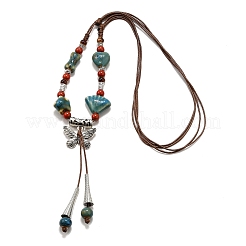 Ethnic Style Alloy & Porcelain Ceramic Beads Butterfly Pendant Tassel Y Necklaces&nbsp;NJEW-D308-01B