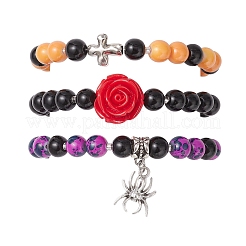 3Pcs Halloween Theme Baking Paint Glass Round Beads Stretch Bracelets for Women&nbsp;BJEW-MZ00186