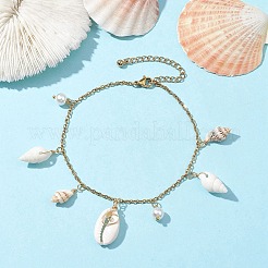 Glass Pearl and Spiral Shell Anklets&nbsp;AJEW-AN00578